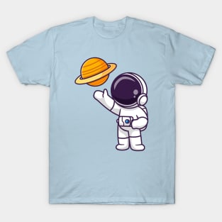 Cute Astronaut Observing Planet Cartoon T-Shirt